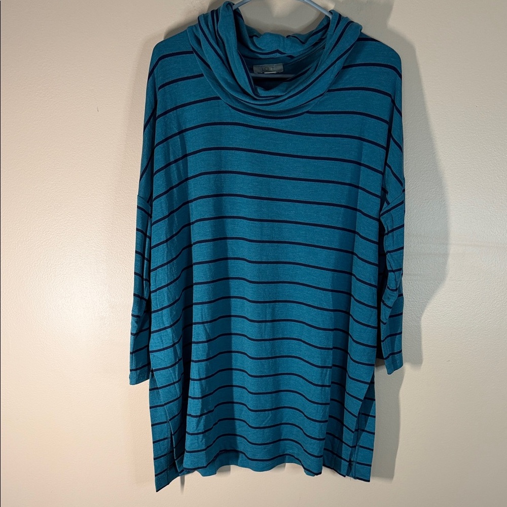 LOFT Teal and Navy Striped Cowl Neck Top